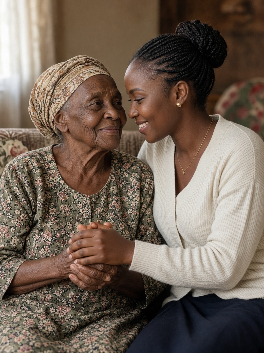 An elder and her granddaughter sitting close together at home