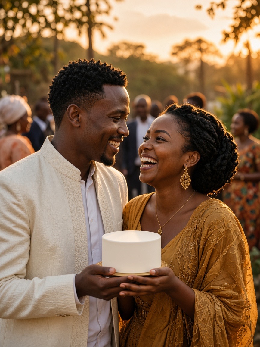 Hands joined over a celebration cake in warm golden light