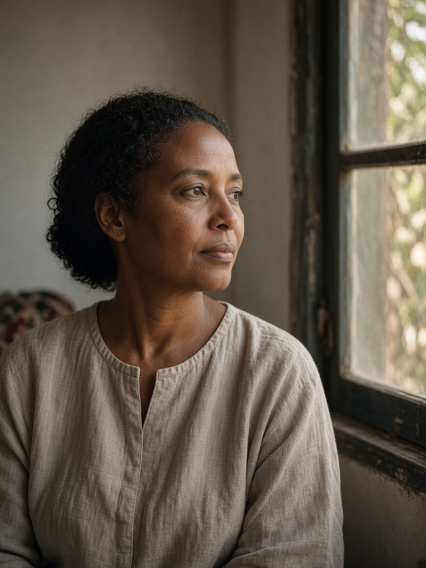 A woman sitting alone by a window in quiet afternoon light